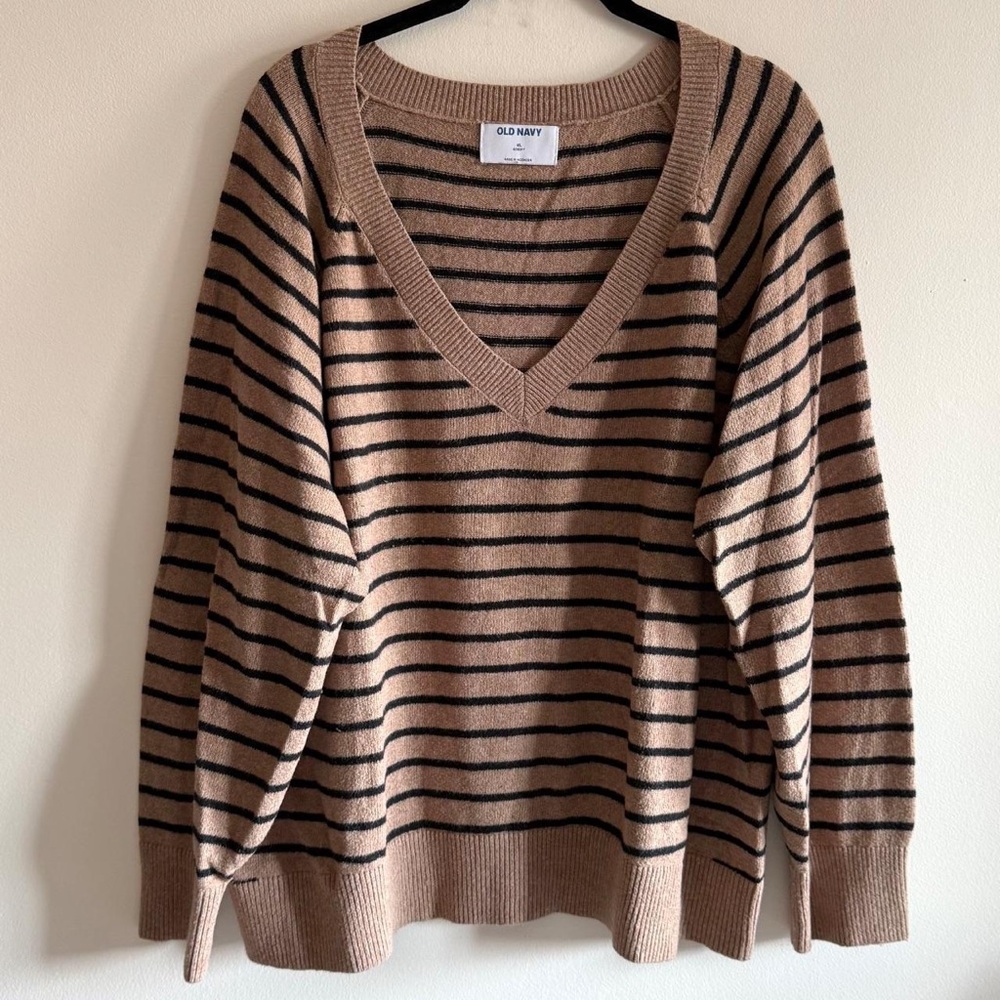 Old Navy Women's V-Neck Sweater - Brown and Black Stripes